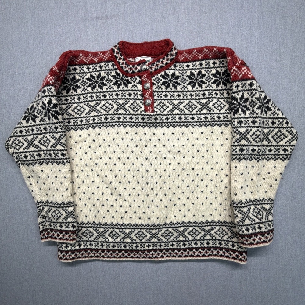 Vintage L.L. Bean Sweater Womens Large Cream Fair Isle Wool Henley Ski USA 80s